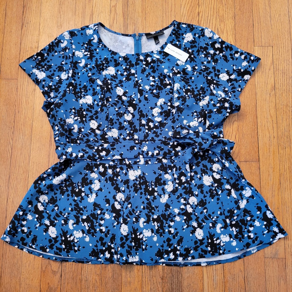Lane Bryant 20 Peplum Top Blue Floral Belted Short Sleeve Zip Back NEW Academia‎